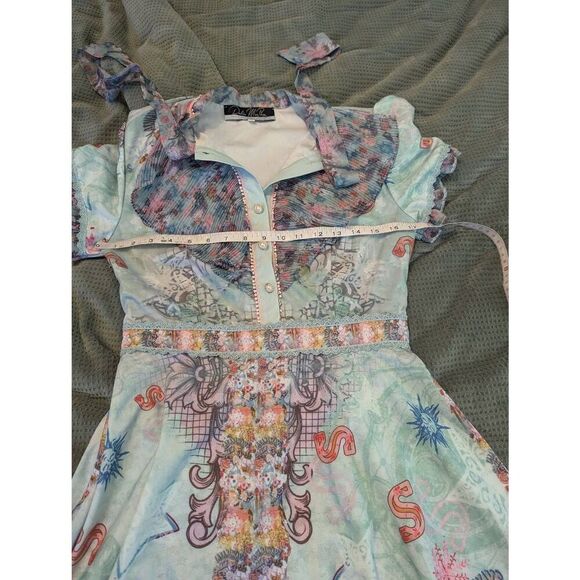 DALIA MACPHEE Printed A Line Dress M Green Jade Pleated Frill Bow Neck D725 - Picture 5 of 8